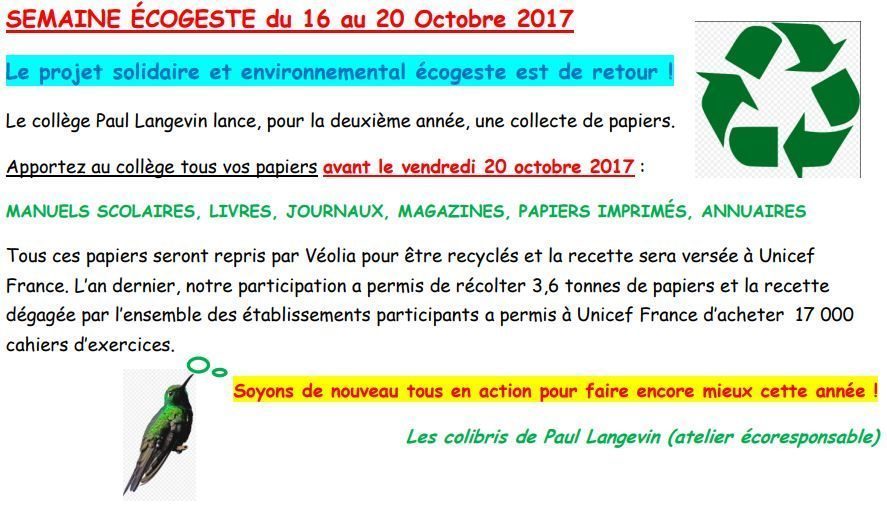 SEMAINE ÉCOGESTE du 16 au 20 Octobre 2017